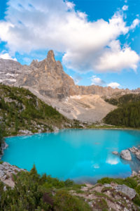 the turquoise water of Sorapiss lake and the mountain Dito di Dio (Finger of God), Dolomites, Cortina d' Ampezzo, Belluno, Veneto, Italy the turquoise water of Sorapiss lake and the mountain Dito di Dio (Finger of God), Dolomites, Cortina d' Ampezzo, Belluno, Veneto, Italy